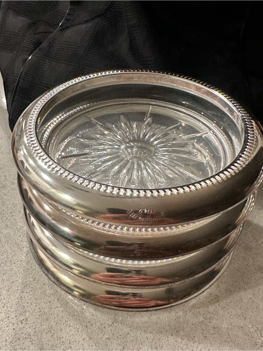 Silver Plated mid-century Glass Coaster Set Leonard /vintage set of 4